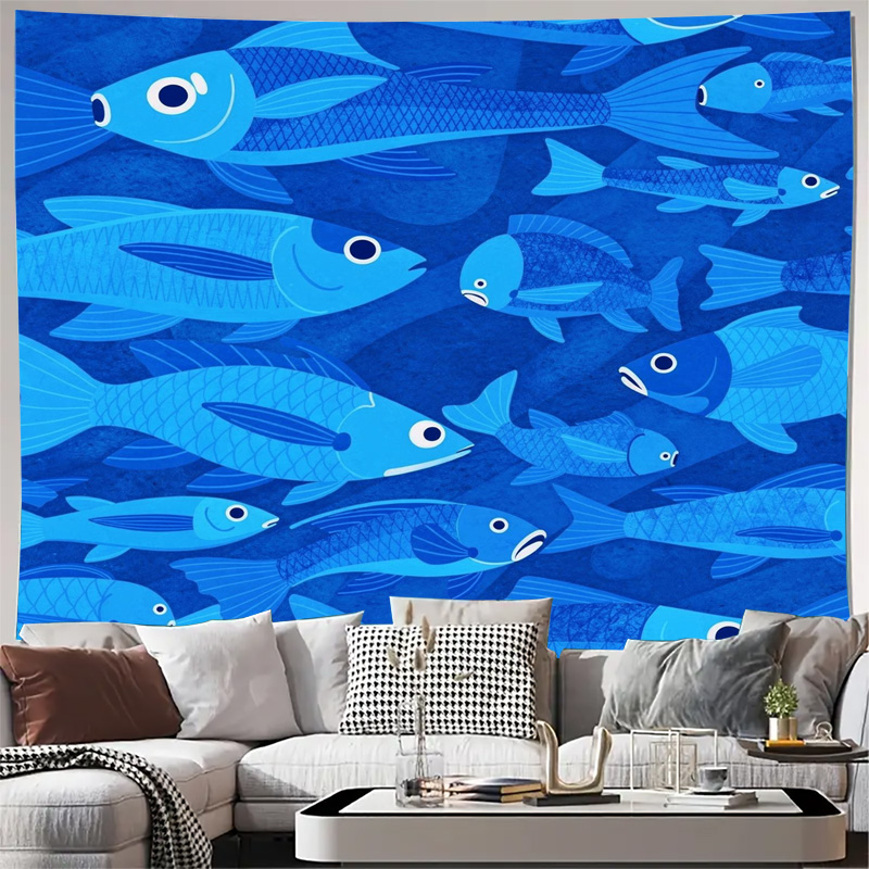 Fish Aquarium Home - Nautical Fish Ocean Pattern Tapestry Blue